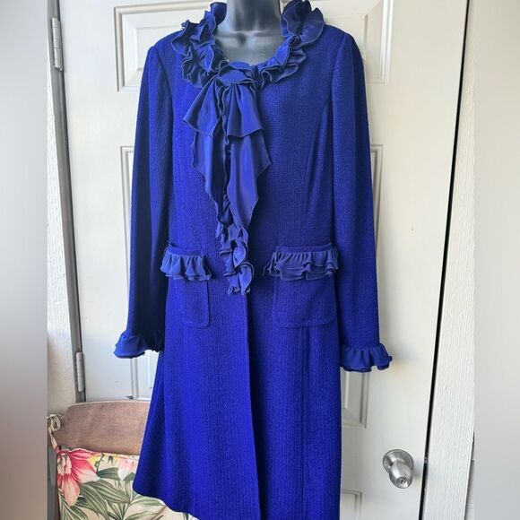 St.John 2-piece Suite Sapphire Blue Wool Blend Knit Duster,Silk Ruffle and Pants - Picture 2 of 16
